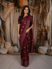 Wine Red Checked Thread Embroidered Design Pure Tussar Saree with Stripes Border