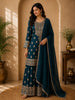 Deep Peacock Teal Blue Floral Embroidered and Stone Embellished Design Georgette Palazzo Suit with Dupatta