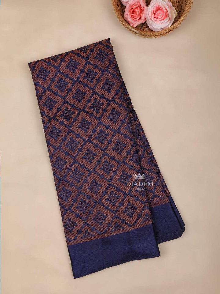 Dark Blue Brasso Saree With Floral Motifs on the Body with Matching Border - Diadem