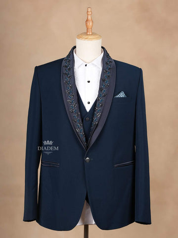 Dark Blue Coat Suit Set with Floral Embroidery Designs and Pocket Square - Diadem