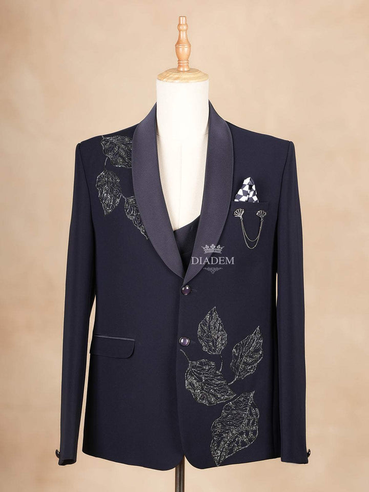 Dark Blue Coat Suit Set with Floral Embroidery and Brooch - Diadem