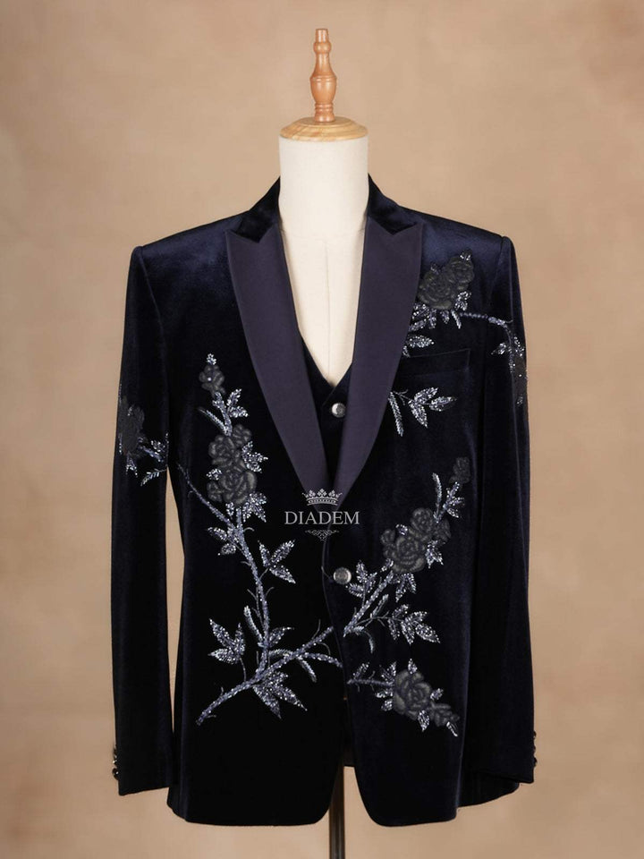 Dark Blue Coat Suit Set with Floral Embroidery - Diadem