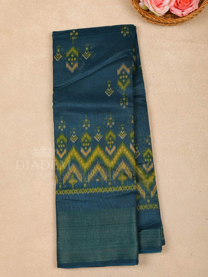 Dark Blue Cotton Saree With Geometric Patterns On the Body with Matching Border - Diadem