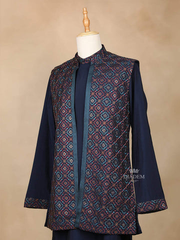 Dark Blue Raw Silk Embroidery Indo-Western Sherwani Suit, with Pant - Diadem