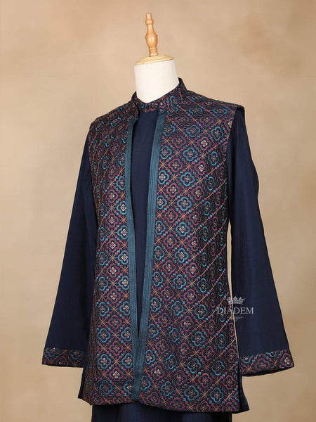 Dark Blue Raw Silk Embroidery Indo-Western Sherwani Suit, with Pant - Diadem