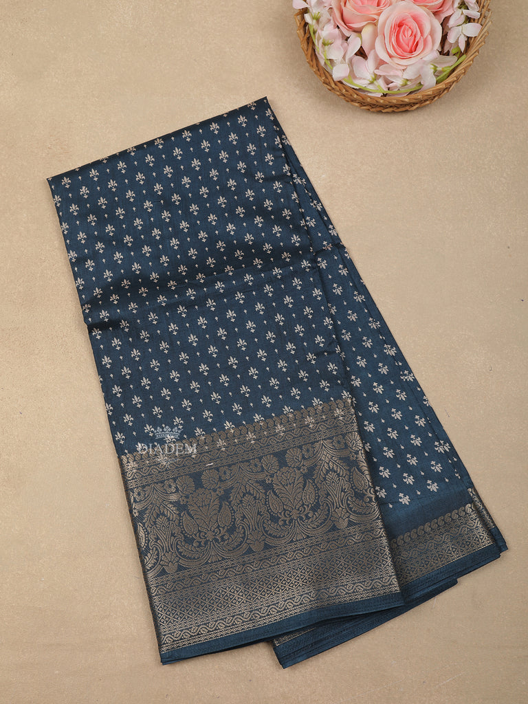 Dark Blue Floral Designed Chanderi Silk