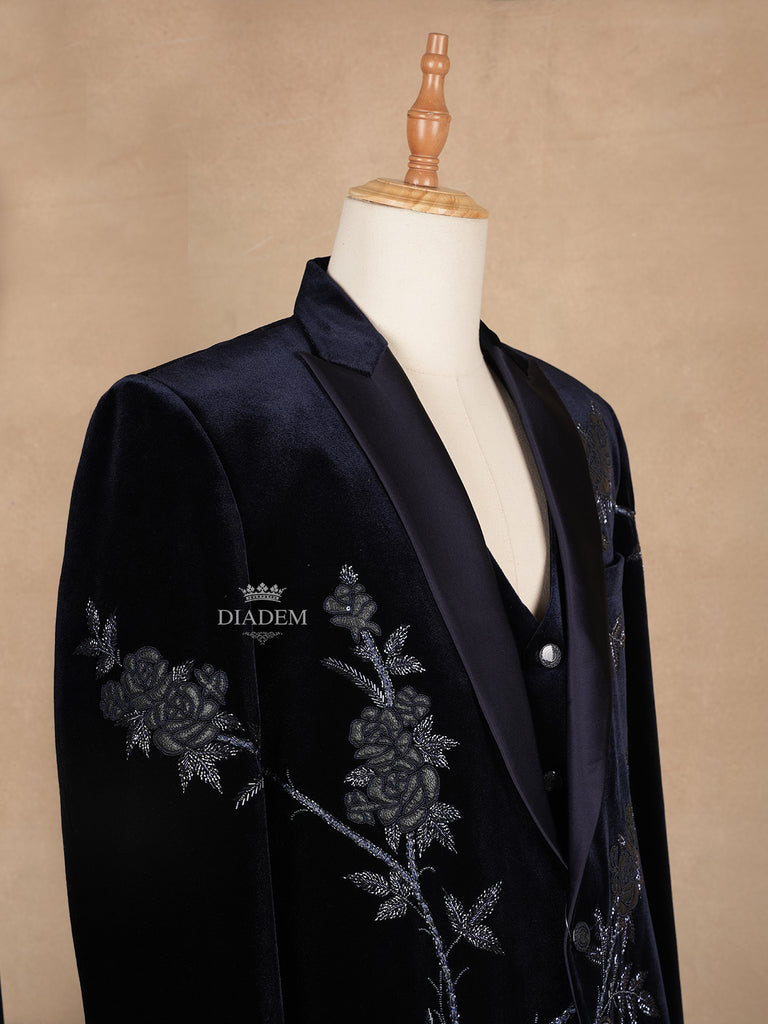 Dark Blue Coat Suit Set Floral Design