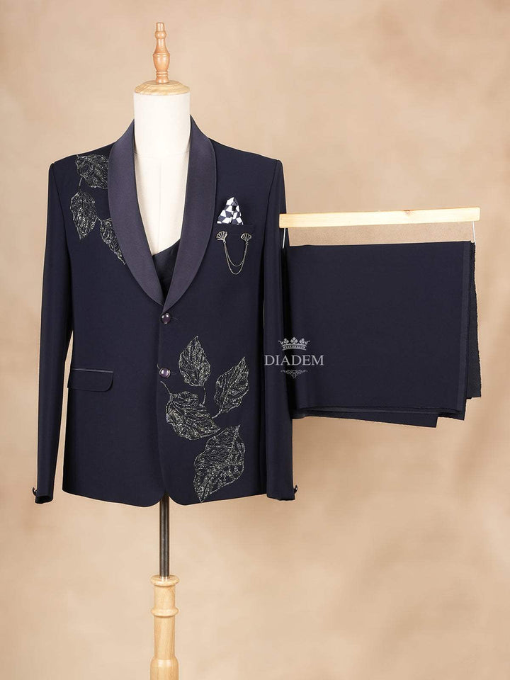 Dark Blue Coat Suit Set with Floral Embroidery and Brooch - Diadem