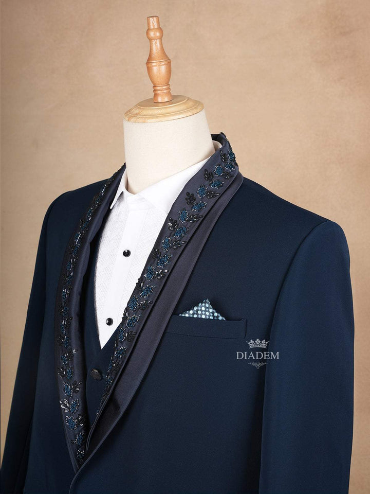 Dark Blue Coat Suit Set with Floral Embroidery Designs and Pocket Square - Diadem