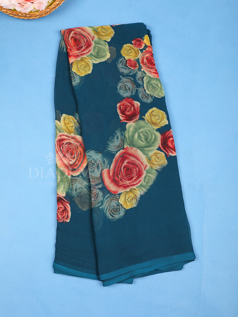 Dark Blue Floral Printed Saree