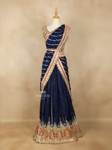 Dark Blue Lehenga Adorned with Embroidery and Stripes Designs, with Dupatta - Diadem