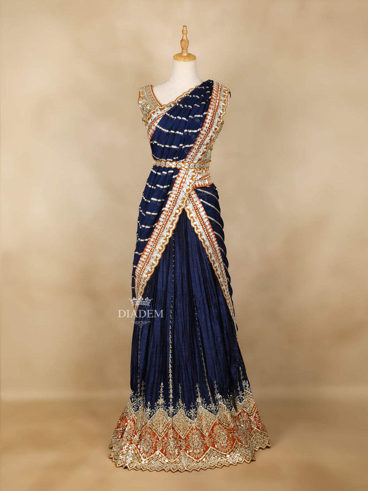 Dark Blue Lehenga Adorned with Embroidery and Stripes Designs, with Dupatta - Diadem