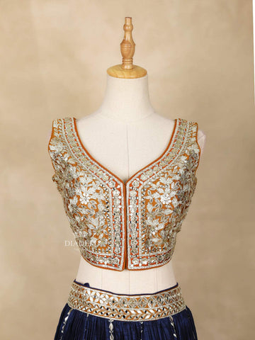 Dark Blue Lehenga Adorned with Embroidery and Stripes Designs, with Dupatta - Diadem