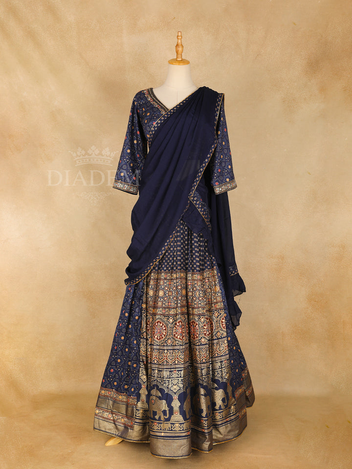 Dark Blue Lehenga Adorned with Geometric and Elephant Designs, with Matching Dupatta