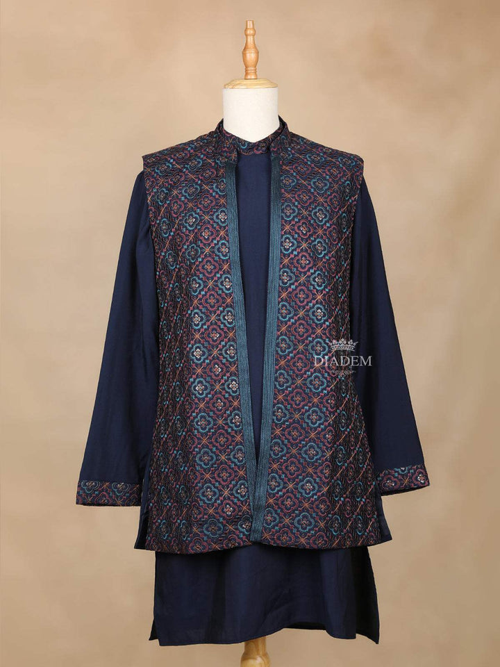 Dark Blue Raw Silk Embroidery Indo-Western Sherwani Suit, with Pant - Diadem