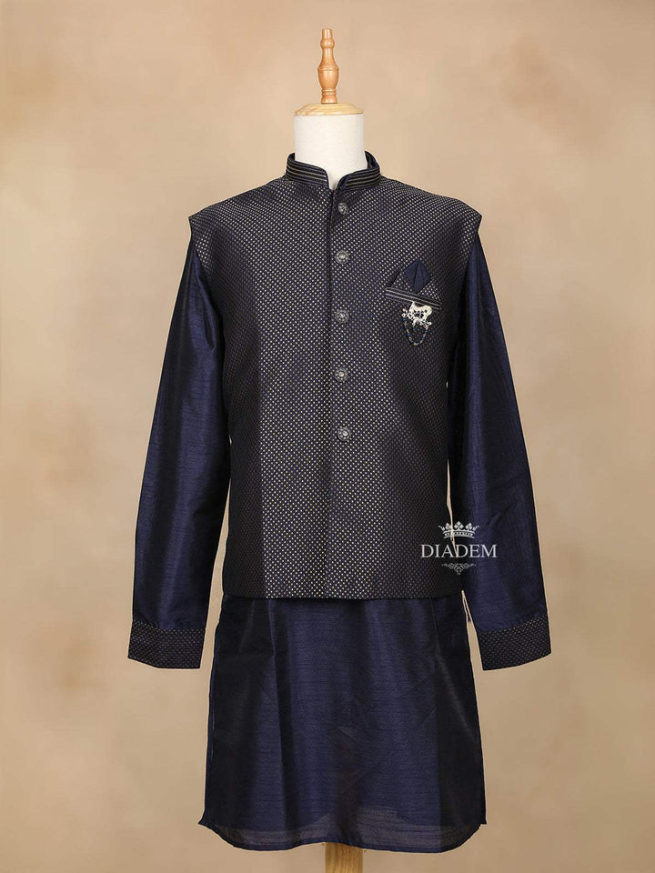 Dark Blue Raw Silk Indo-Western Sherwani Suit, with Brooch and Pant - Diadem