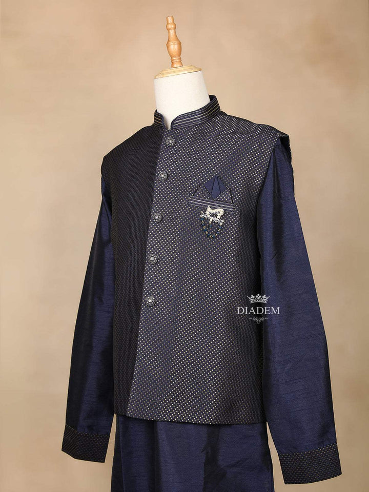 Dark Blue Raw Silk Indo-Western Sherwani Suit, with Brooch and Pant - Diadem