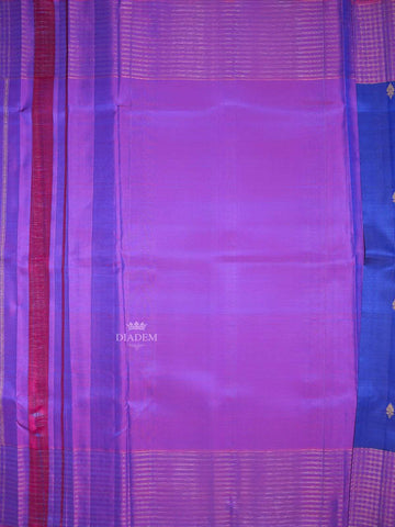 Dark Blue Pure Kanchi Pattu Saree With Floral Designs On the Body with Contrast Zari Border - Diadem