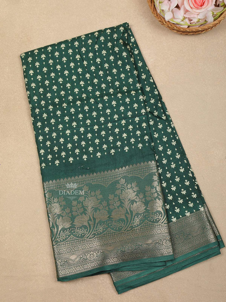 Dark Green Floral Designed Chanderi Silk Saree - Diadem