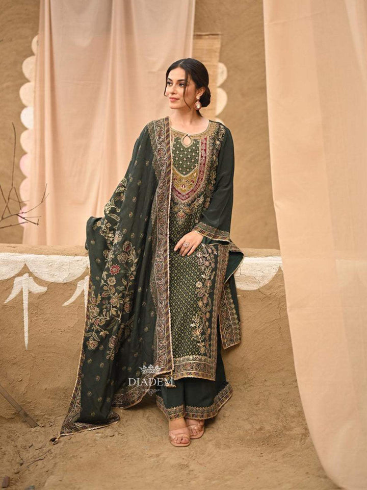 Dark Green Floral Embroidered Crepe Palazzo Salwar Suit for Women - Diadem