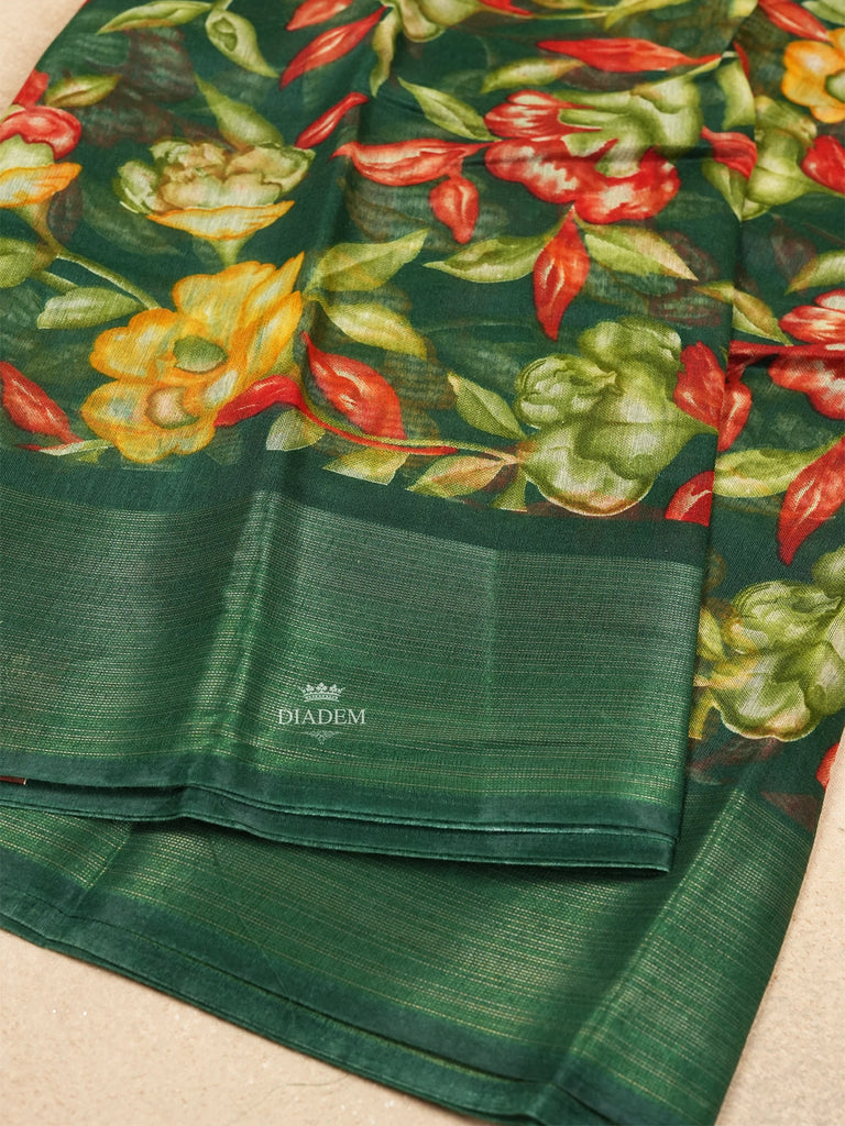 Dark Green Floral Motifs Linen Cotton