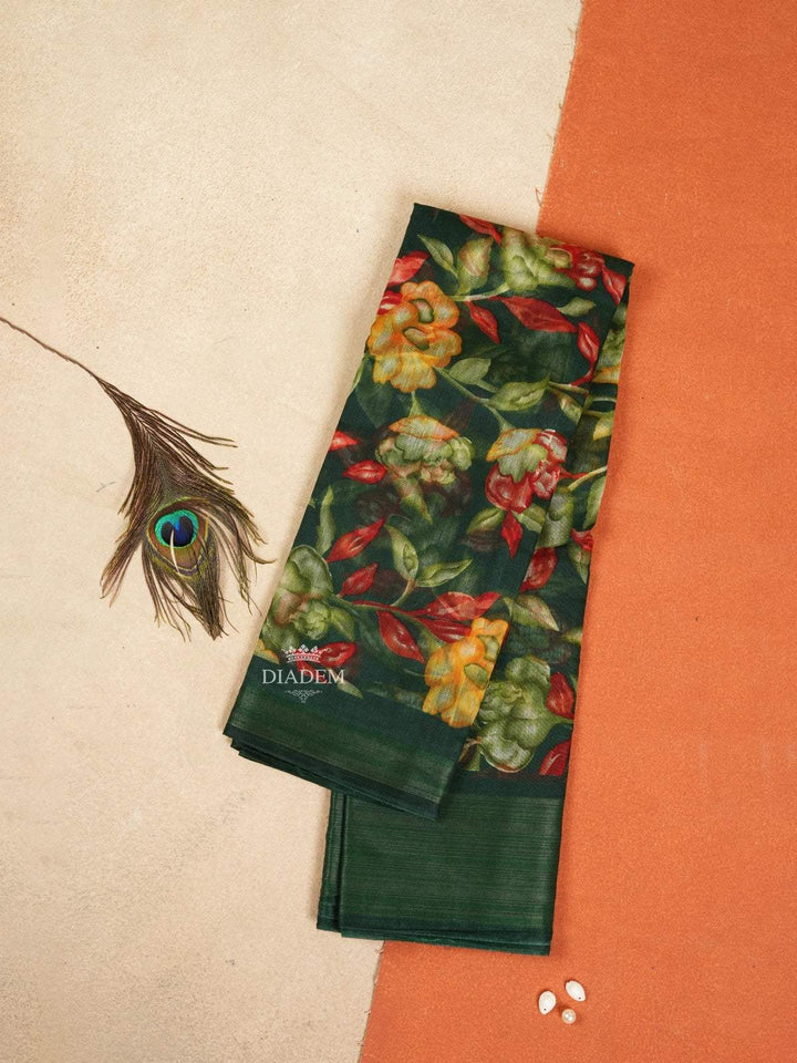 Dark Green Linen Cotton Saree With Floral Motifs On the Body with Matching Border - Diadem