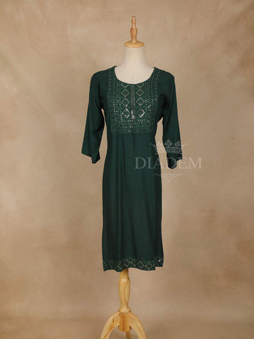 Dark Green Solid Cotton Kurti - Diadem