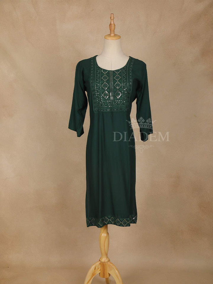 Dark Green Solid Cotton Kurti - Diadem
