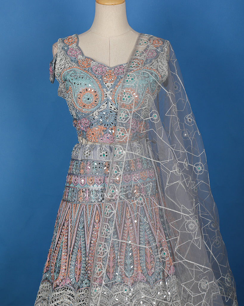 Dark Grey Lehenga Floral Embroidery