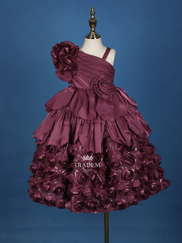 Dark Mauve 3D Floral Designed Organza