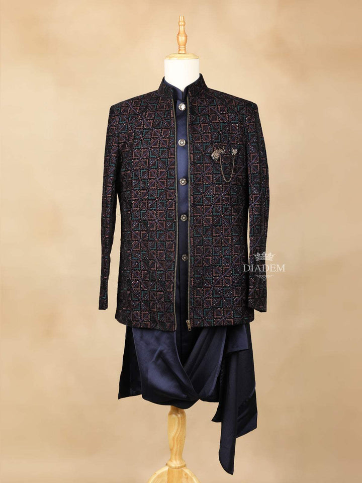 Dark Navy Blue Embroidery Indo-Western Sherwani Suit, with Pant and Brooch - Diadem