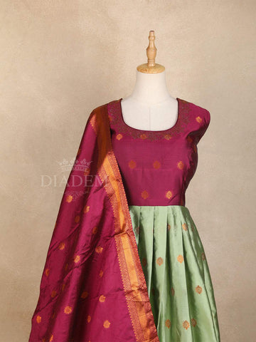 Dark Pink with Green Floral Designs and Embroidery Gown - Diadem