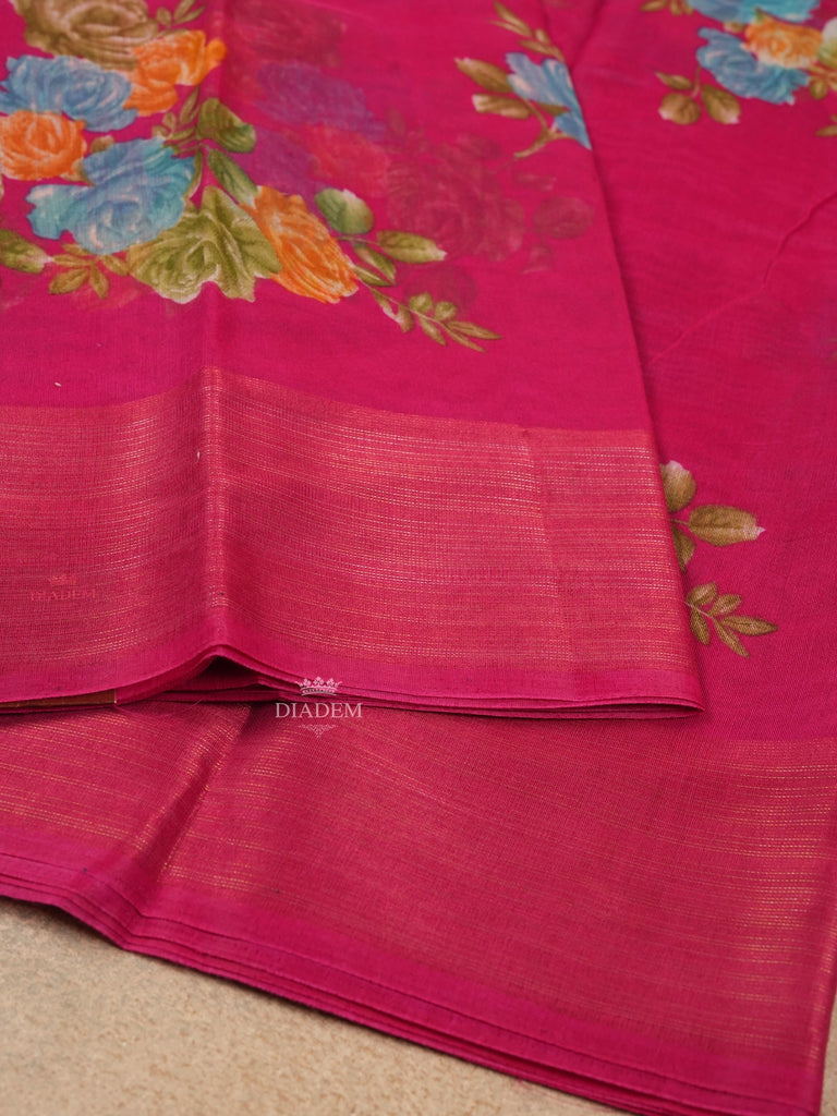 Dark Pink Saree in Linen Cotton with Floral