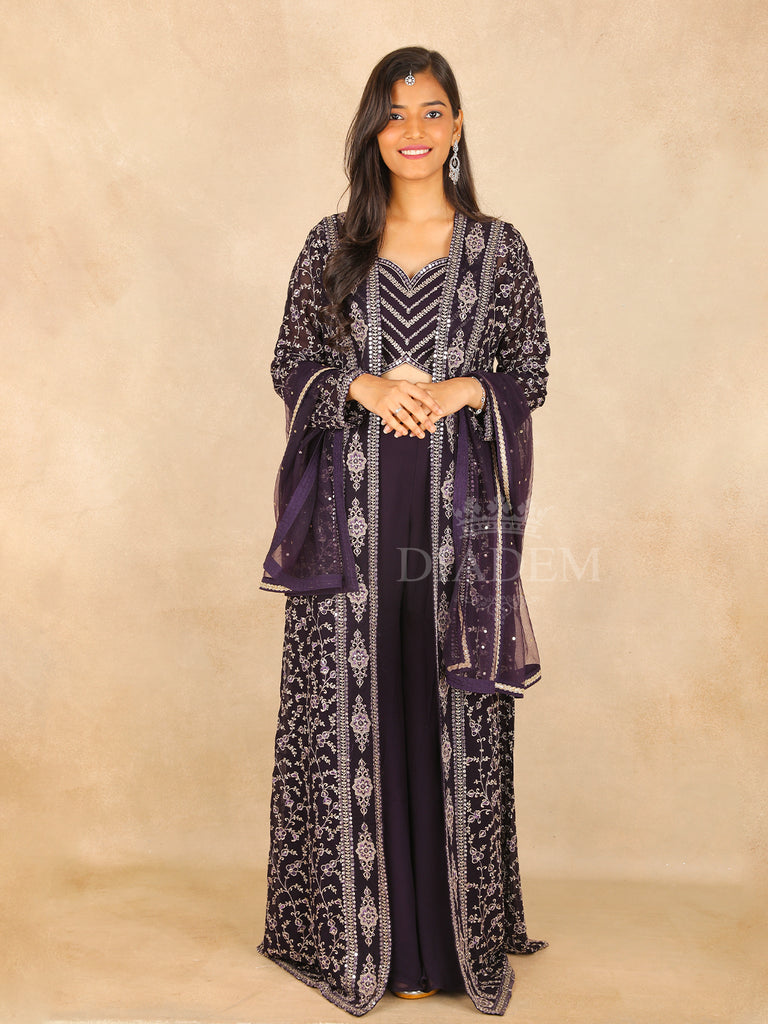 Dark Purple Palazzo Suit with Leaf Design