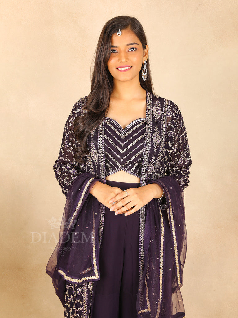 Leaf Design Dark Purple Palazzo Suit