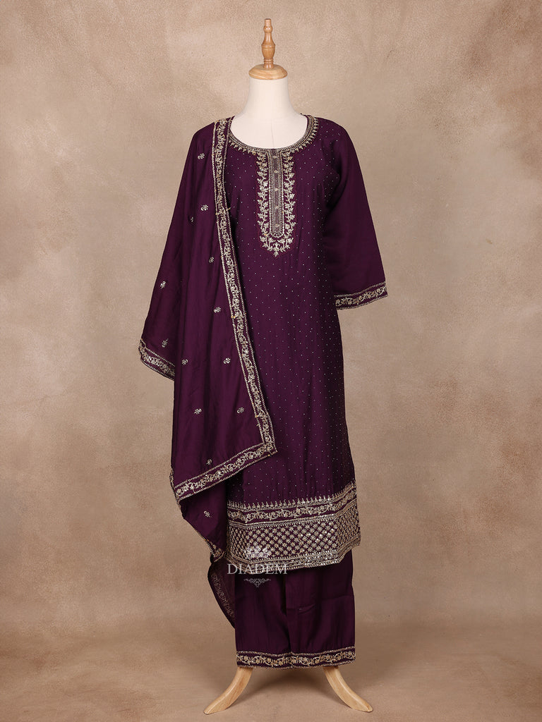 Dark Purple Semi Silk Embroidery Salwar