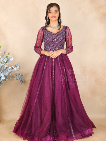 Dark Purple Net Gown with Sequins Embroidery