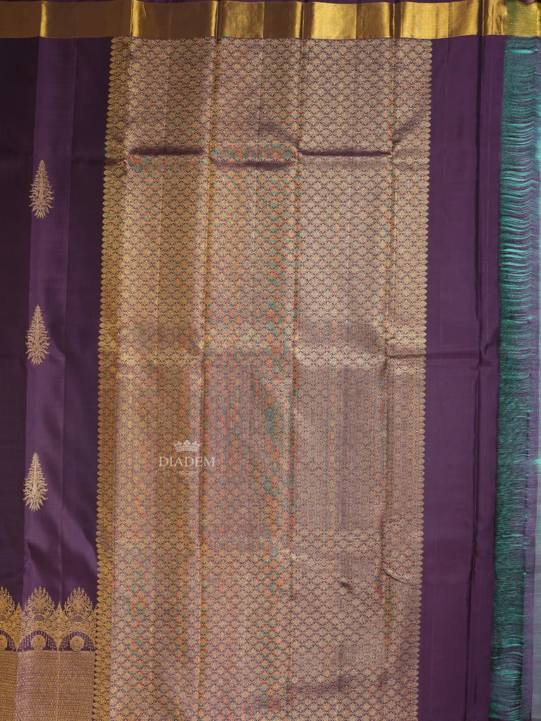 Dark Purple Silk Saree Kanchipuram with Leaf 