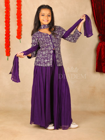 Dark Purple V-Neck Georgette Palazzo Suit