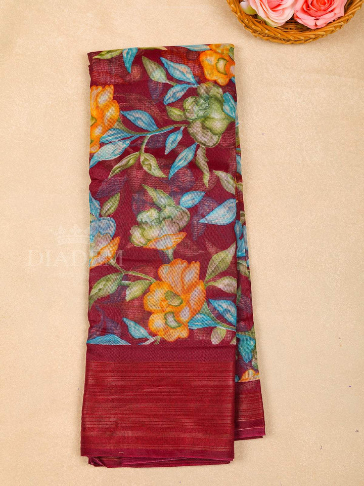 Dark Red Cotton Saree With Floral Patterns On the Body with Matching Border - Diadem