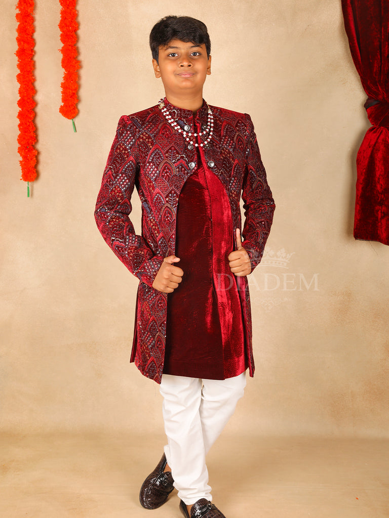 Dark Red Embroidered Sherwani and Pant Set Closed Neck