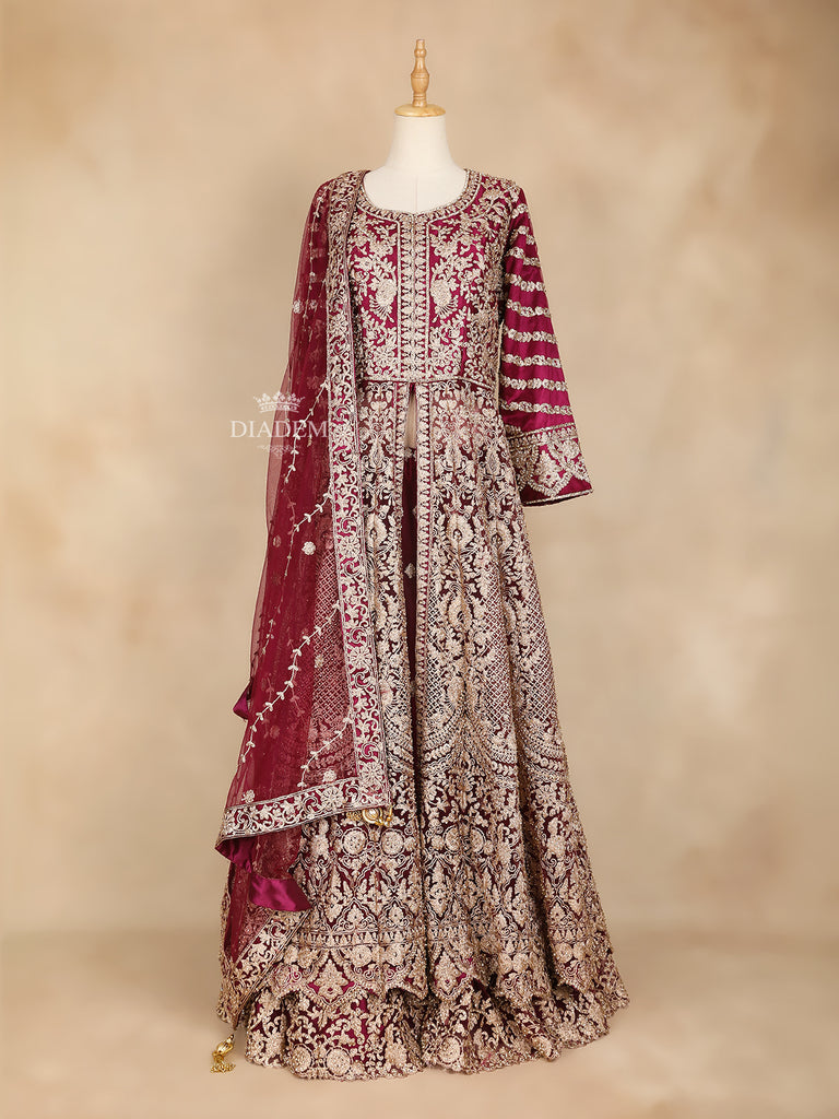 Dark Red Lehenga Floral Embroidery