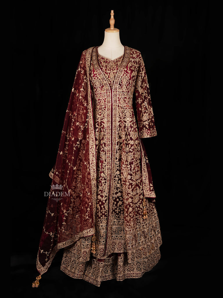 Dark Red Floral Embroidery Designed Gown