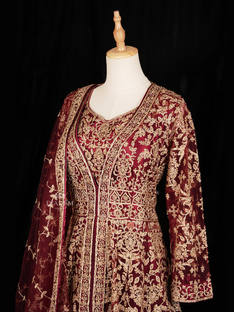 Dark Red Gown with Floral Designs