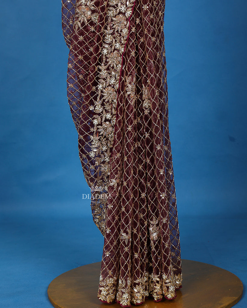 Dark Red Net Saree Cutdana Embroidery