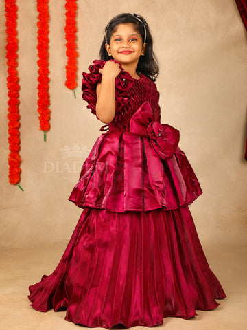 Dark Red Satin Evening Gown with Ruffle