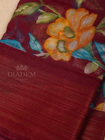 Dark Red Cotton Saree With Floral Patterns On the Body with Matching Border - Diadem