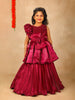 Dark Red Satin Gown with Attached Bow and One-Side Ruffle Sleeve - Diadem