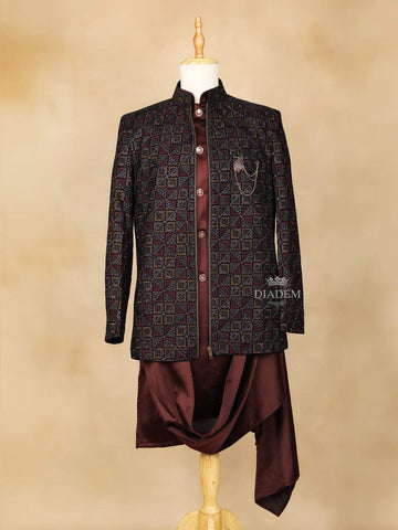 Dark Red Embroidery Indo-Western Sherwani Suit, with Pant and Brooch - Diadem