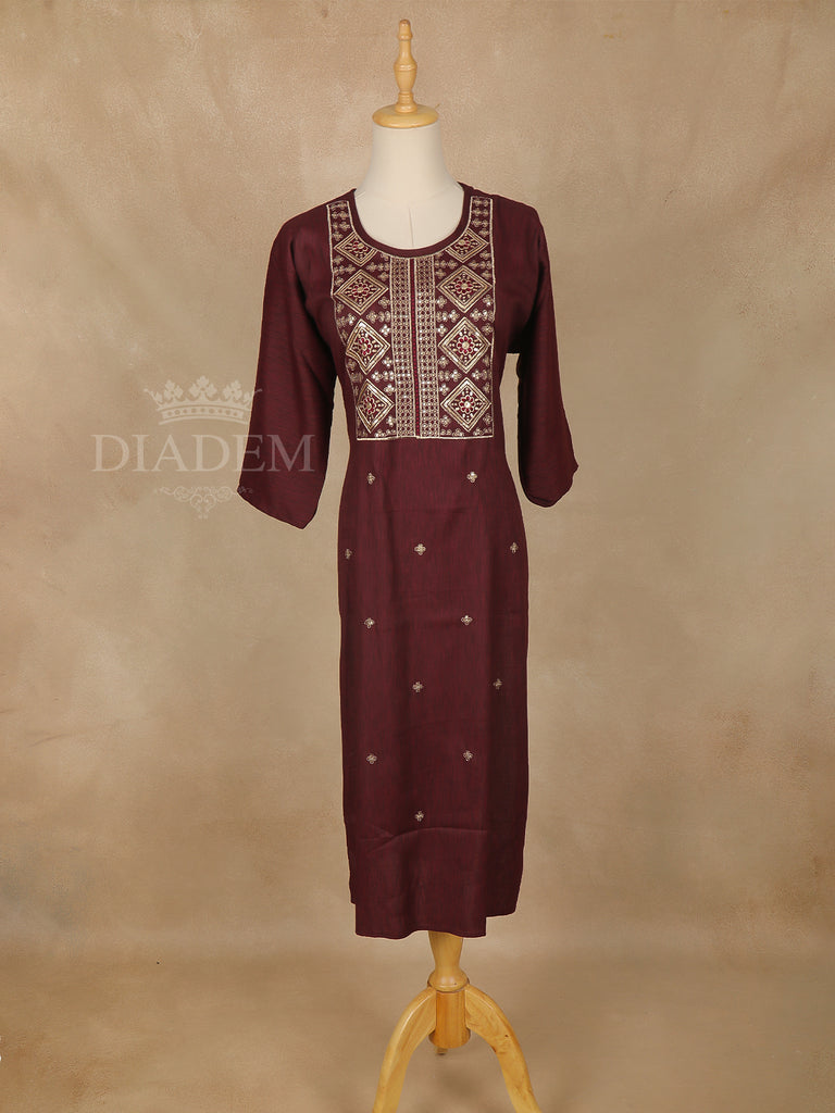 Dark Red Solid Cotton Kurti U-Neck